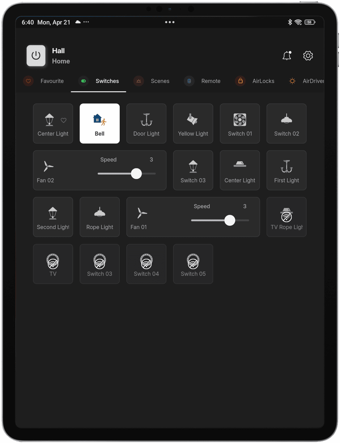 Aaro Tec app on a tablet — Hall dashboard with switches, fans and scenes